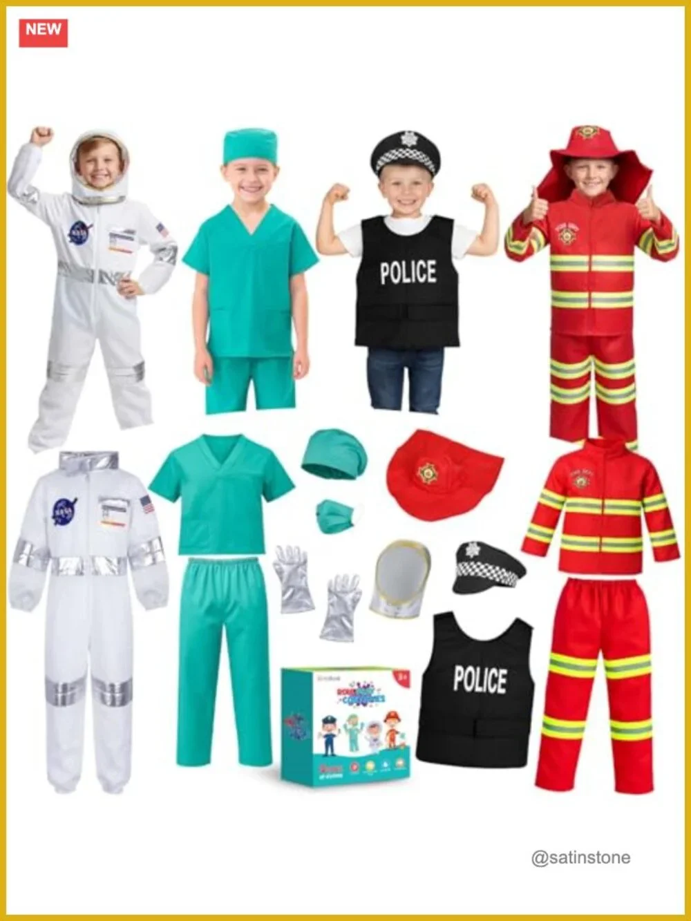 Kids Pretend Play Costume Set 4-in-1 Firefighter Doctor Astronaut Police Dress